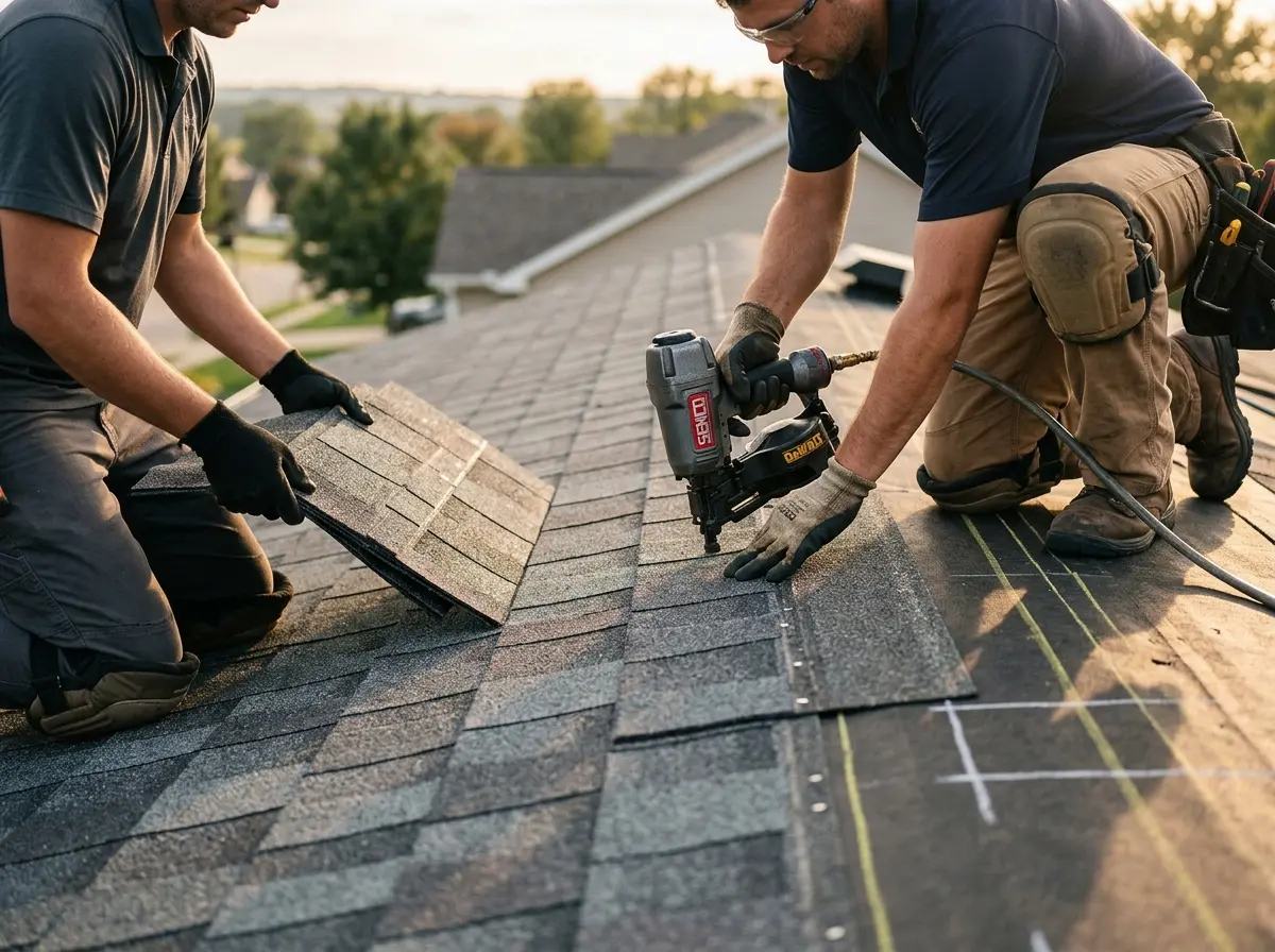 Professional roofer working on a residential roof in Sudbury